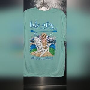 Ladies SIMPLY SOUTHERN Sea Green "LAKE VIBES" SS TEE Tshirt Top Golden Retreiver